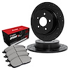 E-Line Drilled & Slotted Black Brake Rotor Set w/Optimum OE Pads, 1988-1991 Subaru, Position: Rear - image 1