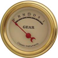 2-1/8 in. Vintage Gear Selector Indicator with Overdrive [Gold Low Step Bezel, Curved Lens]