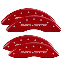 13083SCV6RD Front & Rear Disc Brake Caliper Covers Fits Select Chevy Corvette [Red Finish w/ Silver Corvette (C6)]