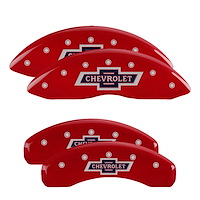 14252SBANRD Front/Rear Brake Caliper Covers Fits Chevy Suburban/Silverado 1500/Tahoe [Red w/Silver 100 Anniversary Chevrolet]