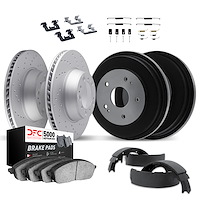 2514-47006 Geoperformance Drilled Brake Rotors w/5000 Advanced Brake Pads/Drums/Shoes & Hardware Kit, 2005-2008 GM, Position: Fr