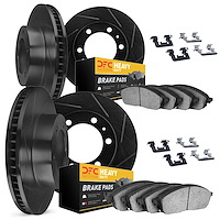 3214-48018 Slotted Brake Rotors w/Heavy-Duty Brake Pads Kit & Hardware [Black], 2009-2014 GM, Position: Front and Rear