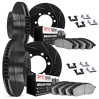 3514-92003 Slotted Brake Rotors w/5000 Advanced Brake Pads Kit & Hardware [Black], 2008-2014 Mitsubishi, Position: Front and Rea