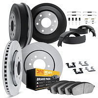 5214-42026 Slotted Brake Rotors w/Heavy-Duty Brake Pads/Drums/Shoes & Hardware Kit [Silver], 1977-1991 Mopar, Position: Front an