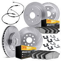 5224-40004 Slotted Brake Rotors w/Heavy-Duty Brake Pads Kits [Silver] includes Sensor & Hardware, 2003-2006 Mopar, Position: Fro