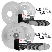 5514-11002 Slotted Brake Rotors w/5000 Advanced Brake Pads Kit & Hardware [Silver], 1974-1974 Land Rover, Position: Front and Re