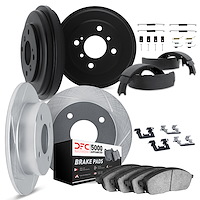 5514-31002 Slotted Brake Rotors w/5000 Advanced Brake Pads/Drums/Shoes & Hardware Kit [Silver], 1977-1983 BMW, Position: Front a