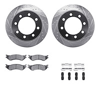 7212-40172 Drilled/Slotted Rotors w/Heavy-Duty Brake Pads Kit & Hardware [Silver], 2003-2008 Mopar, Position: Rear