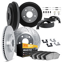 7214-47008 Drilled/Slotted Rotors w/Heavy-Duty Brake Pads/Drums/Shoes & Hardware Kit [Silver], 1978-1990 GM, Position: Front and