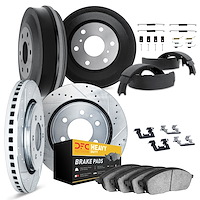 7284-42006 Drilled/Slotted Rotors w/Heavy-Duty Brake Pads/Drums/Shoes/Hardware/Adjusters [Silver], 1977-1991 Mopar, Position: Fr