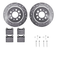 7312-27004 Drilled/Slotted Brake Rotor with 3000-Series Ceramic Brake Pads Kit & Hardware [Silver], 1967-1974 Volvo, Position: R