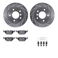 7312-31059 Drilled/Slotted Brake Rotor with 3000-Series Ceramic Brake Pads Kit & Hardware [Silver], 1996-2005 BMW, Position: Rea