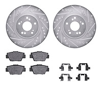 7312-58009 Drilled/Slotted Brake Rotor with 3000-Series Ceramic Brake Pads Kit & Hardware [Silver], 1997-2005 Acura/Honda, Posit