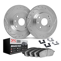 7312-67006 Drilled/Slotted Brake Rotor with 3000-Series Ceramic Brake Pads Kit & Hardware [Silver], 1977-1980 Infiniti/Nissan, P
