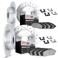 7314-27008 Drilled/Slotted Brake Rotor with 3000-Series Ceramic Brake Pads Kit & Hardware [Silver], 1975-1987 Volvo, Position: F