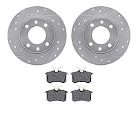 7502-28004 Drilled/Slotted Brake Rotors w/5000 Advanced Brake Pads Kit [Silver], 1989-1991 Peugeot, Position: Rear
