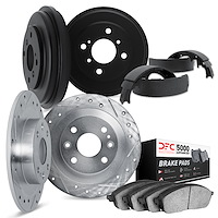 7504-22004 Drilled/Slotted Brake Rotors w/5000 Advanced Brake Pads/Drums & Shoes Kit [Silver], 1974-1975 Opel, Position: Front a