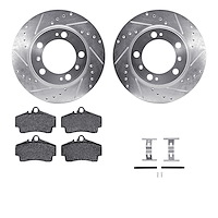 7512-02008 Drilled/Slotted Brake Rotors w/5000 Advanced Brake Pads Kit & Hardware [Silver], 1997-2004 Porsche, Position: Rear