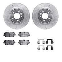 7512-11039 Drilled/Slotted Brake Rotors w/5000 Advanced Brake Pads Kit & Hardware [Silver], 2014-2017 Land Rover, Position: Rear