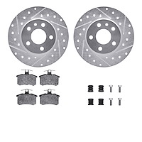7512-16005 Drilled/Slotted Brake Rotors w/5000 Advanced Brake Pads Kit & Hardware [Silver], 1991-1995 Alfa Romeo, Position: Rear