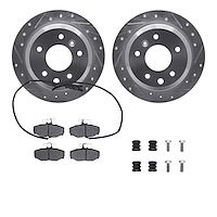 7512-20040 Drilled/Slotted Brake Rotors w/5000 Advanced Brake Pads Kit & Hardware [Silver], 1987-1989 Jaguar, Position: Rear