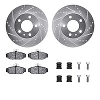 7512-27015 Drilled/Slotted Brake Rotors w/5000 Advanced Brake Pads Kit & Hardware [Silver], 1983-1990 Volvo, Position: Front