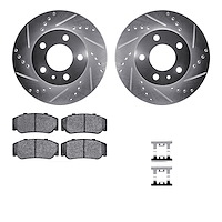 7512-27082 Drilled/Slotted Brake Rotors w/5000 Advanced Brake Pads Kit & Hardware [Silver], 1983-1987 Volvo, Position: Front