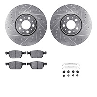 7512-27281 Drilled/Slotted Brake Rotors w/5000 Advanced Brake Pads Kit & Hardware [Silver], 2003-2014 Volvo, Position: Front