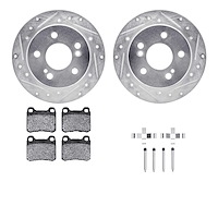 7512-63026 Drilled/Slotted Brake Rotors w/5000 Advanced Brake Pads Kit & Hardware [Silver], 1984-1995 Mercedes-Benz, Position: R