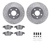 7512-63056 Drilled/Slotted Brake Rotors w/5000 Advanced Brake Pads Kit & Hardware [Silver], 2010-2015 Mercedes-Benz, Position: R
