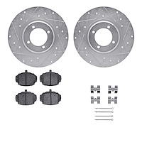 7512-64001 Drilled/Slotted Brake Rotors w/5000 Advanced Brake Pads Kit & Hardware [Silver], 1962-1980 MG, Position: Front