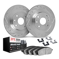 7512-67005 Drilled/Slotted Brake Rotors w/5000 Advanced Brake Pads Kit & Hardware [Silver], 1977-1980 Infiniti/Nissan, Position: