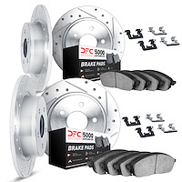 7514-11002 Drilled/Slotted Brake Rotors w/5000 Advanced Brake Pads Kit & Hardware [Silver], 1974-1974 Land Rover, Position: Fron
