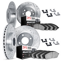 7514-28000 Drilled/Slotted Brake Rotors w/5000 Advanced Brake Pads Kit & Hardware [Silver], 1977-1984 Peugeot, Position: Front a