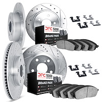 7514-31018 Drilled/Slotted Brake Rotors w/5000 Advanced Brake Pads Kit & Hardware [Silver], 2007-2012 BMW, Position: Front and R