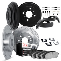 7514-64001 Drilled/Slotted Brake Rotors w/5000 Advanced Brake Pads/Drums/Shoes & Hardware Kit [Silver], 1963-1979 Multiple Makes