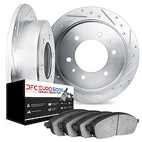 7602-16001 Drilled/Slotted Brake Rotors w/5000 Euro Ceramic Brake Pads Kit [Silver], 1975-1979 Alfa Romeo, Position: Rear