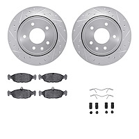 7612-20004 Drilled/Slotted Brake Rotors w/5000 Euro Ceramic Brake Pads Kit & Hardware [Silver], 1995-1997 Jaguar, Position: Rear