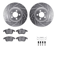 7612-20012 Drilled/Slotted Brake Rotors w/5000 Euro Ceramic Brake Pads Kit & Hardware [Silver], 2006-2010 Jaguar, Position: Fron