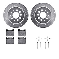 7612-27001 Drilled/Slotted Brake Rotors w/5000 Euro Ceramic Brake Pads Kit & Hardware [Silver], 1967-1974 Volvo, Position: Rear