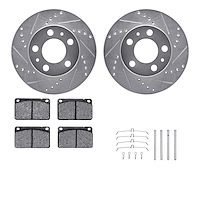 7612-27008 Drilled/Slotted Brake Rotors w/5000 Euro Ceramic Brake Pads Kit & Hardware [Silver], 1976-1993 Volvo, Position: Front