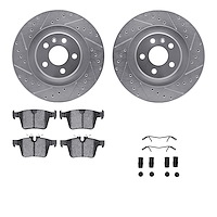 7612-27051 Drilled/Slotted Brake Rotors w/5000 Euro Ceramic Brake Pads Kit & Hardware [Silver], 2016-2021 Volvo, Position: Rear