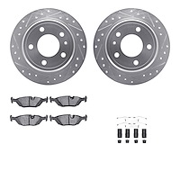 7612-31012 Drilled/Slotted Brake Rotors w/5000 Euro Ceramic Brake Pads Kit & Hardware [Silver], 1982-1989 BMW, Position: Rear