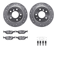 7612-31013 Drilled/Slotted Brake Rotors w/5000 Euro Ceramic Brake Pads Kit & Hardware [Silver], 1981-1986 BMW, Position: Rear