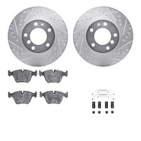 7612-31018 Drilled/Slotted Brake Rotors w/5000 Euro Ceramic Brake Pads Kit & Hardware [Silver], 1987-1995 BMW, Position: Front