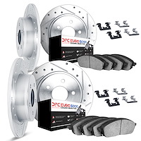 7614-27001 Drilled/Slotted Brake Rotors w/5000 Euro Ceramic Brake Pads Kit & Hardware [Silver], 1975-1987 Volvo, Position: Front