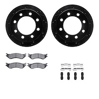 8212-40161 Drilled/Slotted Rotors w/Heavy-Duty Brake Pads Kit & Hardware [Black], 2000-2002 Mopar, Position: Rear