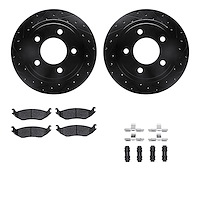 8212-40166 Drilled/Slotted Rotors w/Heavy-Duty Brake Pads Kit & Hardware [Black], 2003-2003 Mopar, Position: Rear