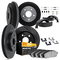8284-47005 Drilled/Slotted Rotors w/Heavy-Duty Brake Pads/Drums/Shoes/Hardware/Adjusters [Silver], 1972-1977 GM, Position: Front
