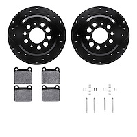 8312-27004 Drilled/Slotted Brake Rotors with 3000-Series Ceramic Brake Pads Kit & Hardware [Black], 1967-1974 Volvo, Position: R